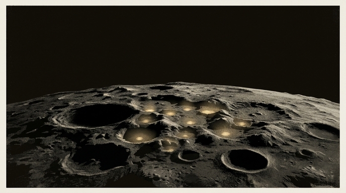 Una ilustración del polo sur lunar con cráteres oscuros y nueve zonas brillando con luz dorada.