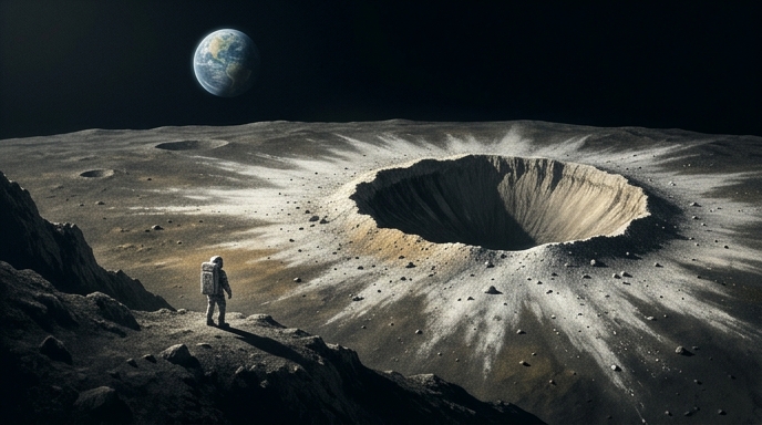 Alt Text: Un astronauta parado en una cresta lunar mira hacia un enorme y reciente cráter de impacto con material expulsado.