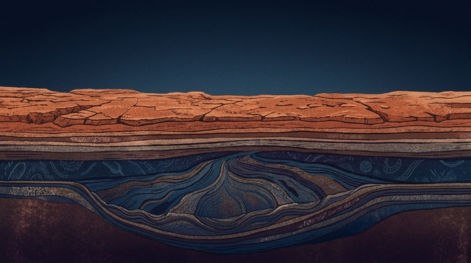 Ilustración de capas geológicas marcianas que muestra un delta de río antiguo y estructuras orgánicas enterradas bajo la superficie.