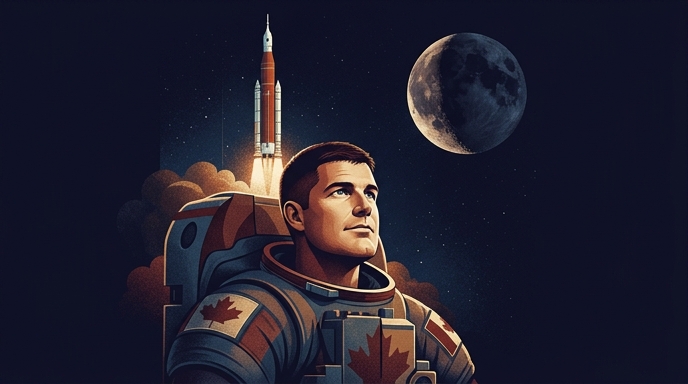 Ilustración de estilo editorial de un astronauta canadiense de Artemis II con el cohete SLS y la Luna al fondo.
