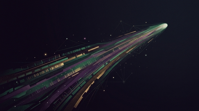 Ilustración editorial de un cometa interestelar con una cola estilizada que representa flujos de datos y patrones espectrales.