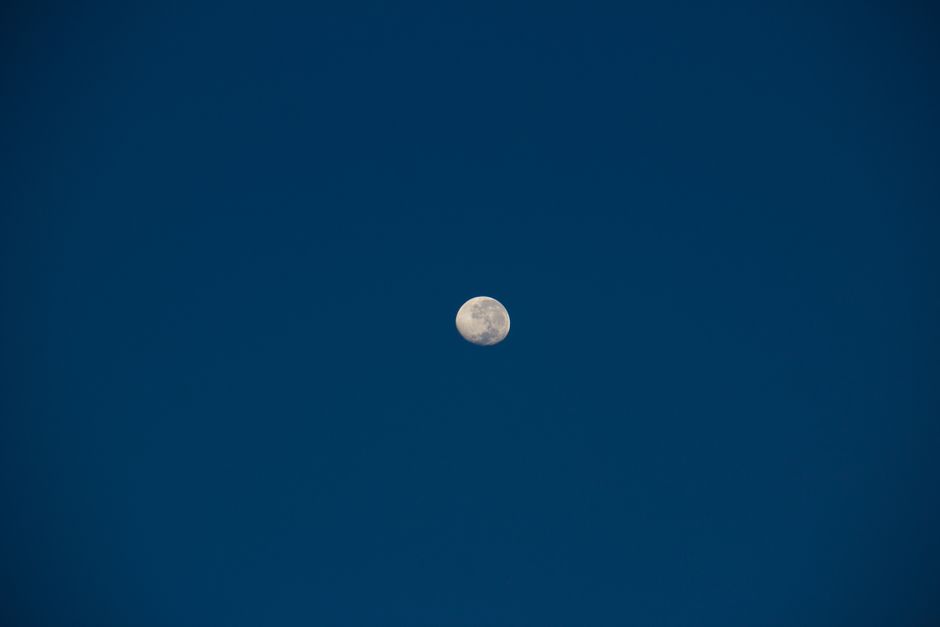 Imágen cautivadora de la luna llena contra un cielo azul profundo y claro, destacando su belleza celestial.