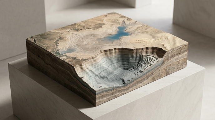 Un modelo 3D de terreno que muestra la topografía submarina de un lago seco y la reducción de sus niveles de agua.