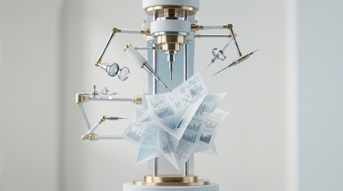 Un brazo robótico de precisión dibuja y manipula diagramas científicos sobre papel plegado en un entorno de laboratorio minimalista.