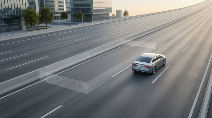 Una ilustración editorial minimalista de un coche en una autopista vacía, con un recuadro transparente que representa la eliminación de un objeto por IA.