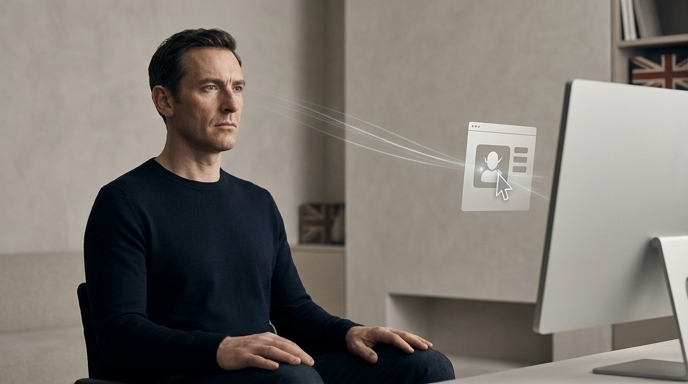 Un hombre sentado frente a un ordenador, controlando la interfaz con su mente mediante sutiles líneas de conexión.