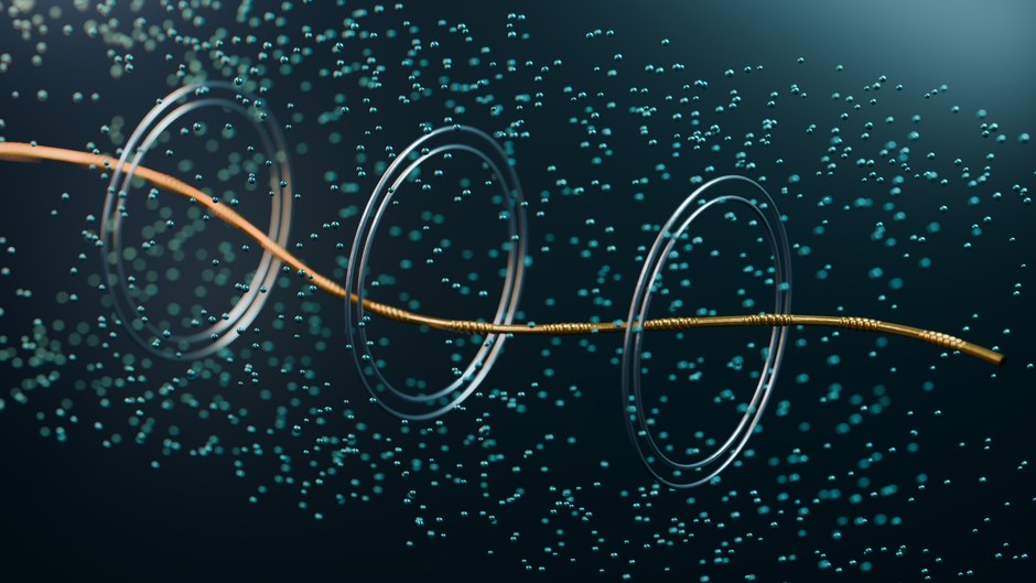 Una obra de arte digital abstracta en 3D que presenta estructuras moleculares, partículas y anillos en una composición futurista.