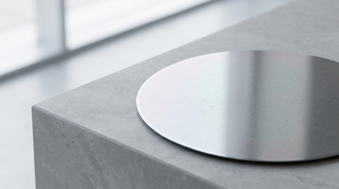 Una oblea de silicio sobre una superficie de piedra gris, simbolizando la producción de chips en China.