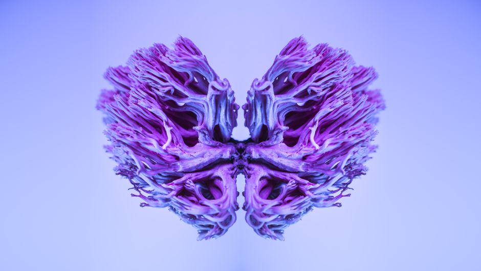 Una imagen abstracta surrealista que muestra un vibrante diseño de hongos morados, que se asemeja a pulmones, en colores vivos.