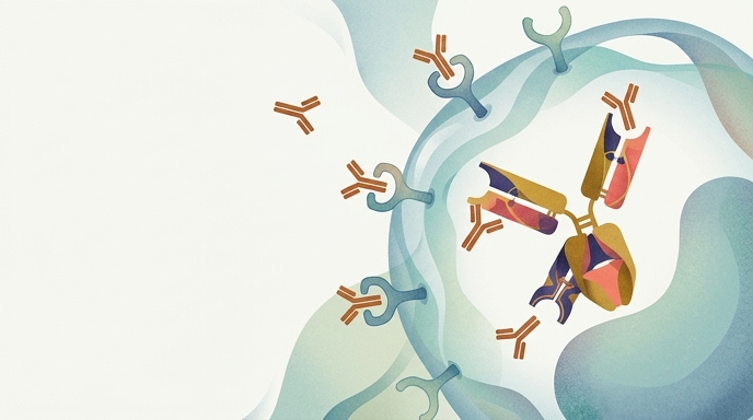 Ilustración editorial que muestra un anticuerpo uniendo y neutralizando inmunoglobulina E (IgE) en una célula.