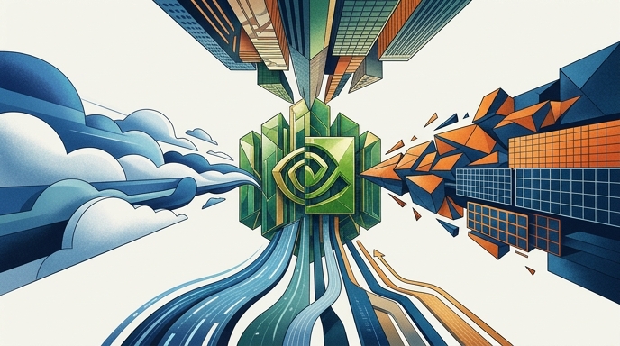 Ilustración editorial que muestra un símbolo de Nvidia en el centro, rodeado y presionado por estructuras que representan a sus competidores.