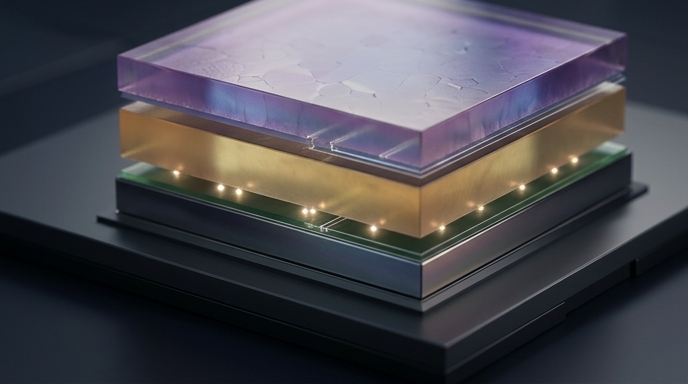 Vista macro de un material multicapa (triple unión) que capta luz en bandas distintas. Diseño limpio y minimalista.