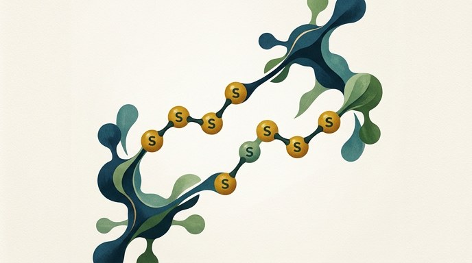 Ilustración de una estructura molecular con átomos de azufre, que representa la reacción de metatésis de trisulfuro.