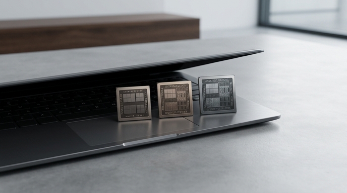 Tres procesadores móviles de AMD sobre el reposamanos de un portátil abierto.