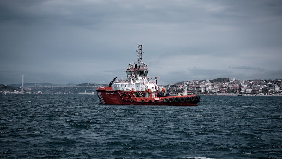 Un remolcador rojo navega por el estrecho del Bósforo con el paisaje urbano de Estambul de fondo.