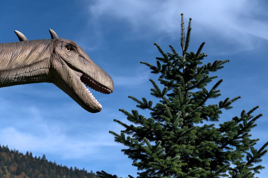 Una escultura de dinosaurio y un pino contra un cielo vibrante en un pintoresco entorno montañoso.
