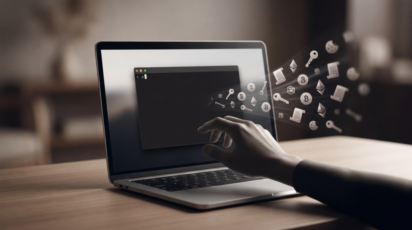 Un MacBook con la Terminal abierta mientras iconos de llaves y criptomonedas salen volando de la pantalla.