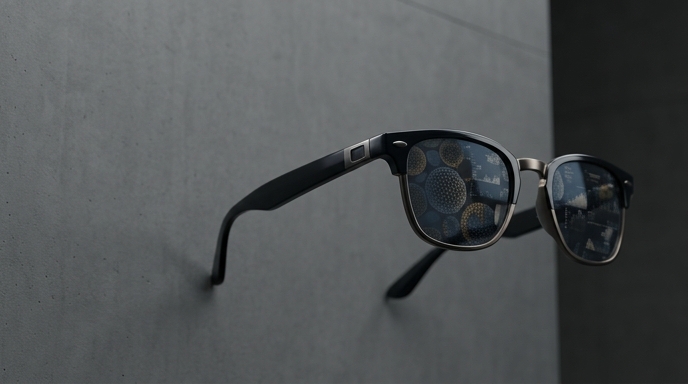 **Alt text:** Gafas de sol de estilo clásico flotando, con proyecciones de datos en las lentes sobre un fondo de cemento.