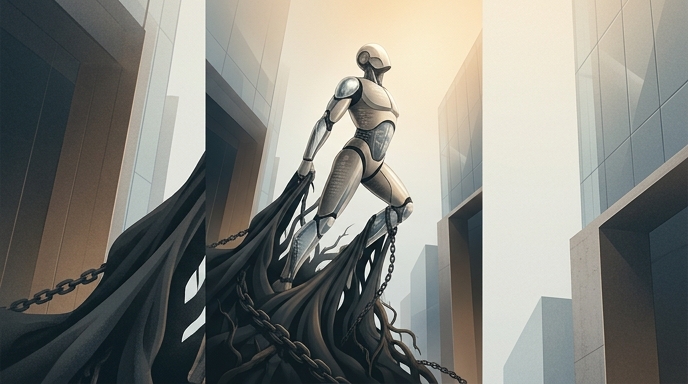 Un robot emergiendo de la oscuridad, rompiendo cadenas y mirando hacia la luz, simbolizando el progreso.