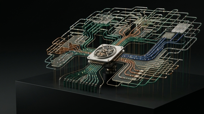 Escultura de vidrio y metal que representa un intrincado sistema de orquestación de datos de supercomputación.