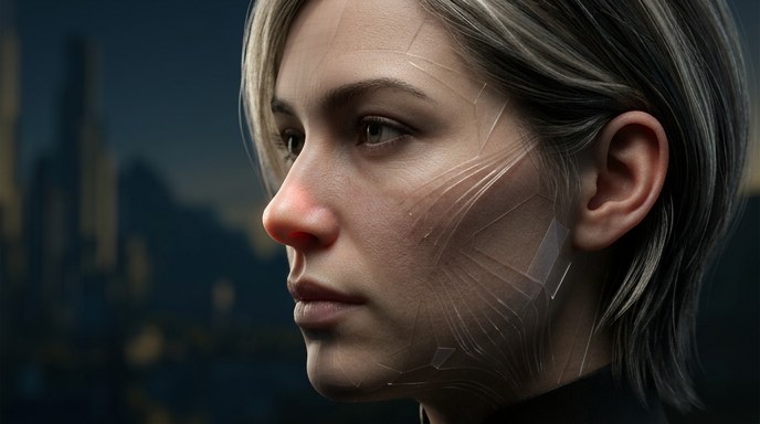 Un primer plano editorial de un rostro que muestra una fusión de piel fotorrealista y patrones geométricos digitales de renderizado neuronal.