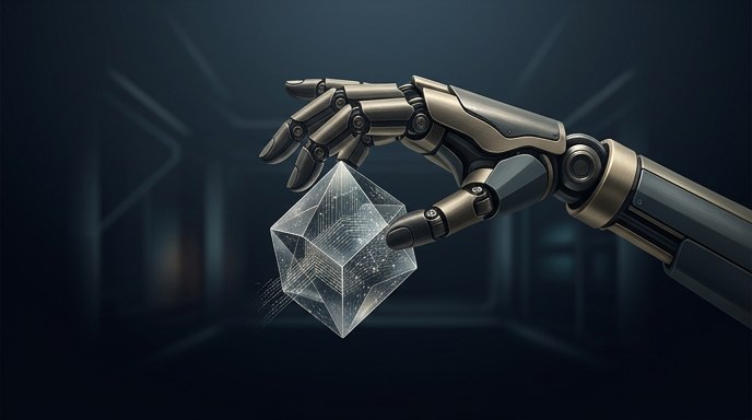 «Una mano robótica de precisión sostiene un núcleo de datos geométrico y brillante, simbolizando la convergencia de la IA y los sistemas físicos.»
