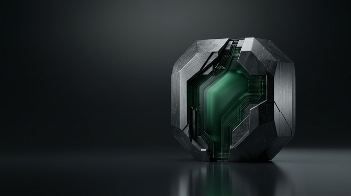 Un chip monolítico complejo y oscuro con sutiles reflejos verdes, representando el procesador para portátiles N1/N1X de Nvidia.