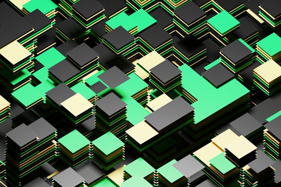 Patrón geométrico 3D moderno en colores verde, negro y beige que crea un diseño abstracto.