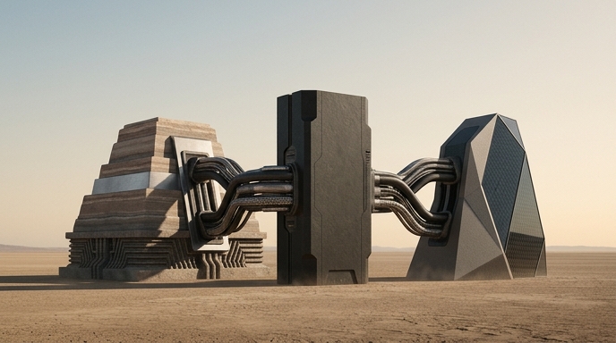 «Una visualización editorial de tres estructuras monolíticas abstractas unidas por complejos conductos, representando la nueva arquitectura de la cadena de suministro de IA tras las inversiones de Nvidia.»