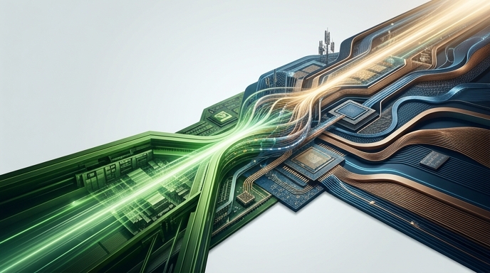 Una visualización abstracta que ilustra la convergencia de tecnologías entre NVIDIA y Marvell, representando la integración de sus plataformas para la infraestructura de IA y telecomunicaciones.