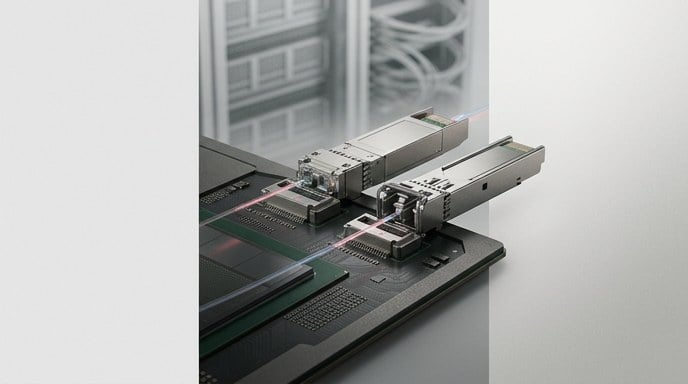 Primer plano de componentes ópticos integrándose en un chip de IA, representando la inversión de Nvidia.