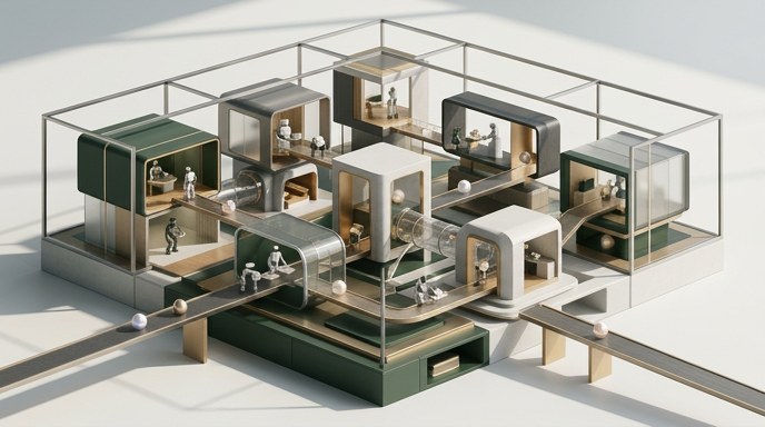 **Alt text**: Modelo arquitectónico de lujo que representa una fábrica de IA modular, con módulos interconectados y esferas que muestran agentes autónomos empresariales en acción.
