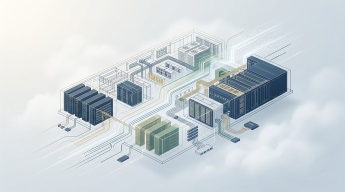 **Alt text**: Ilustración isométrica de un centro de datos virtual flotando en nubes de datos, representando la plataforma de simulación NVIDIA DSX Air.