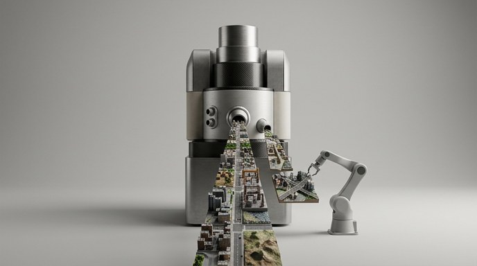 Un brazo robótico industrial ensambla mundos sintéticos en miniatura que fluyen desde un procesador metálico central sobre un fondo gris minimalista.