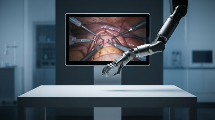 «Una pinza quirúrgica robótica física y sofisticada frente a una pantalla de simulación médica de alta fidelidad.»