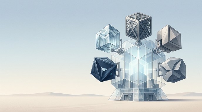 Ilustración editorial de módulos geométricos uniéndose a un núcleo central, simbolizando la colaboración de IA.