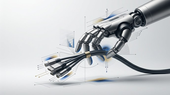 Mano robótica sosteniendo cables sobre gráficos técnicos.