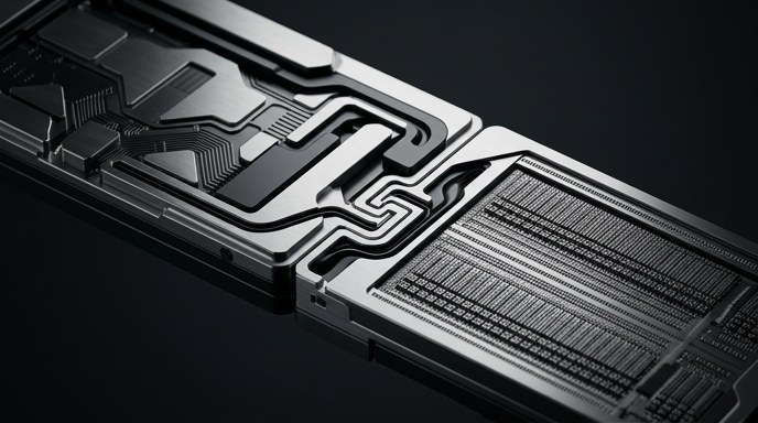 Un primer plano de un chip híbrido metálico en 3D que muestra dos arquitecturas diferentes fusionándose.