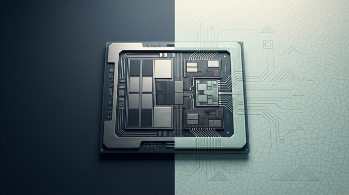 Chip de IA Groq dividido sobre fondo oscuro y textura de porcelana celadón china, simbolizando la estrategia de mercado.