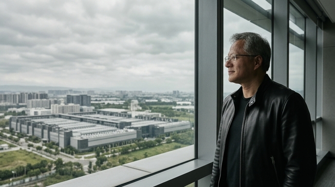 Jensen Huang, CEO de Nvidia, con su característica chaqueta de cuero, mira por una ventana hacia una ciudad moderna.