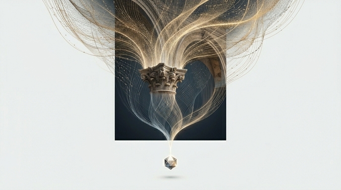 Un capitel toscano tradicional que se transforma en una red de filamentos de luz dorada a partir de un pequeño cristal.