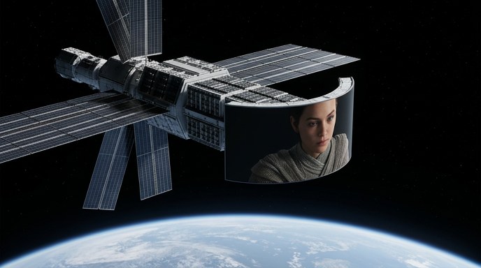 Un satélite en órbita sobre la Tierra con una pantalla curva que muestra un renderizado de gráficos fotorrealistas de alta fidelidad.