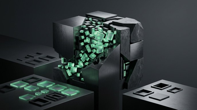 Alt Text: Un bloque negro monolítico absorbe chips verdes de otro, mientras un tercer bloque permanece vacío, simbolizando la escasez de GPUs.