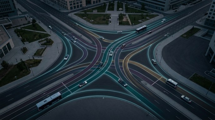 Vista aérea de una intersección urbana con vehículos autónomos guiados por trayectorias de luz neón.