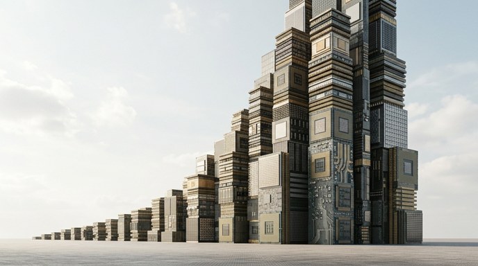 Pilares monumentales hechos de chips de silicio se elevan hacia el cielo, simbolizando la infraestructura de la IA.