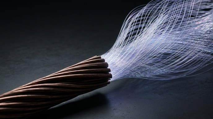 Un cable de cobre tradicional se transforma en un haz de fibras ópticas luminosas, simbolizando la evolución de las redes.