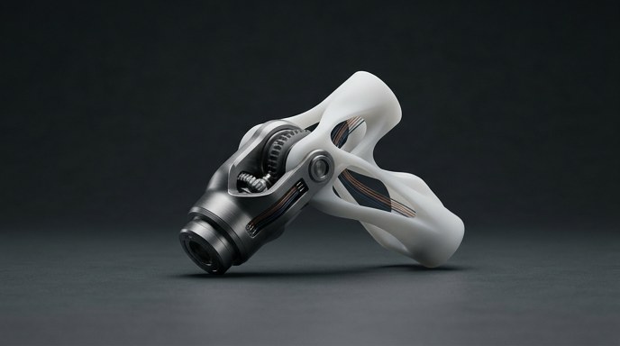 Unión tecnológica: componente robótico minimalista que fusiona metal y polímero blanco.