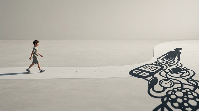 Un niño camina sobre una línea de tiempo y su sombra revela problemas de salud futuros como diabetes e hipertensión.