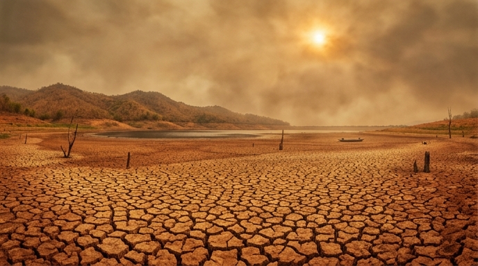 Un paisaje árido de tierra agrietada y un embalse seco bajo un sol brumoso, ilustrando la sequía y la ola de calor.