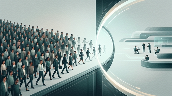 Ilustración de la reducción de empleos tecnológicos: multitudes desaparecen tras una frontera de eficiencia impulsada por IA.